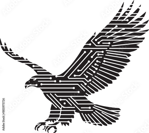  Black eagle silhouette created with parallel line-segment cuts inside the shape, futuristic tech style, clean vector, white background.