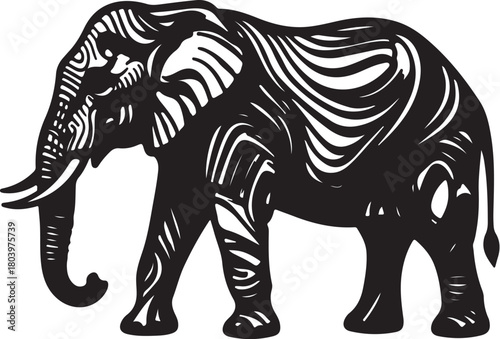 Black elephant silhouette designed like layered paper-cut art, wavy cut lines inside the shape, smooth curves, minimal, white background, clean vector