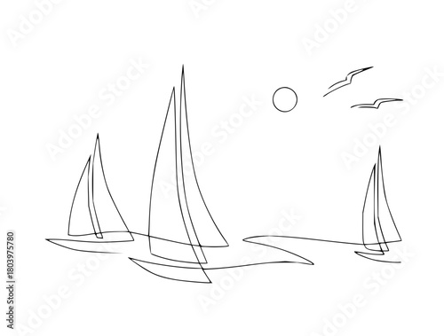 Elegant nautical line art featuring sailboats gracefully sailing on the ocean, serene seascape with birds and sun, perfect minimalist summer design