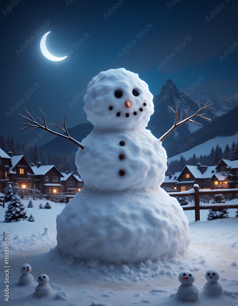 Obraz premium A cheerful snowman under a crescent moon on a snowy night snowman christmas holiday decoration winter season cute snow