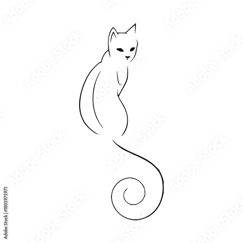 Elegant feline silhouette with a whimsical curled tail, showcasing sleek minimal design, ideal for modern brands, pet products, or creative projects. Graceful line art