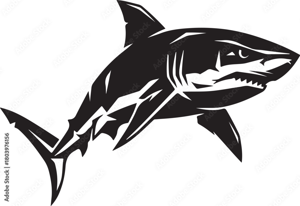 Obraz premium Black shark silhouette drawn with sharp aggressive angular cuts, dynamic action shape, white background.
