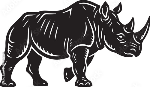 Black rhino silhouette with thick carved outline cuts creating bold and heavy shape, white background.