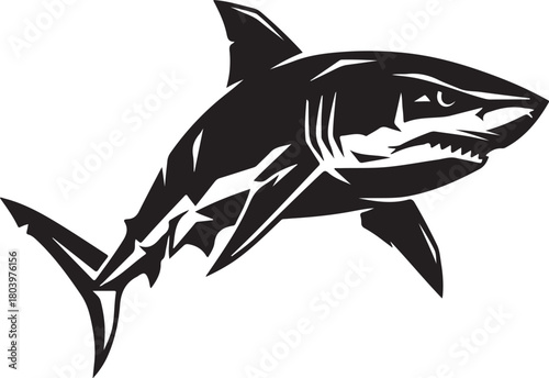 Black shark silhouette drawn with sharp aggressive angular cuts, dynamic action shape, white background.