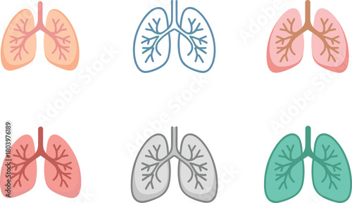 Colorful lung illustrations set, medical organ anatomy icons, respiratory system graphics for healthcare, pulmonology, biology education, and wellness designs.