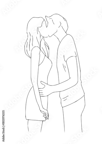 Sweet embrace artwork showing a couple kissing tenderly, perfect for romance novels, wedding designs, or heartfelt greeting cards needing a loving touch