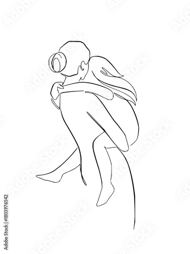 Joyful couple embracing with a piggyback ride, celebrating love and connection in a minimalist line art style