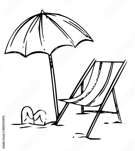 Relaxing beach scene with lounge chair, umbrella, and flip-flops evokes summer vacation bliss and coastal tranquility for travel and leisure projects.