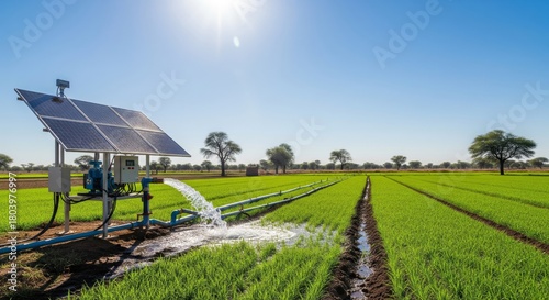 Solar-powered irrigation system watering crops in a field under a bright blue sky.