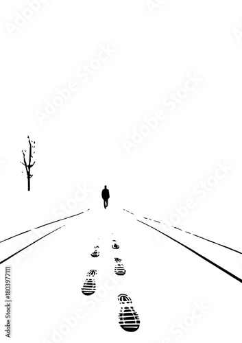 Lone figure walking down a path with footprints, representing journey, solitude, and perseverance, perfect for introspective projects.
