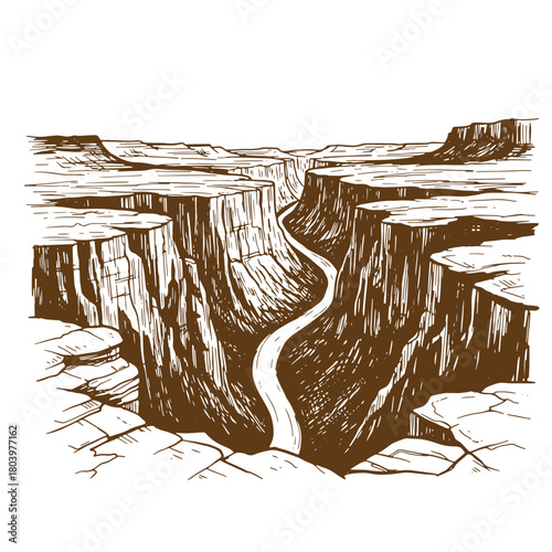 Hand drawn sketch illustration depicting a vast canyon landscape with winding river and rock formations