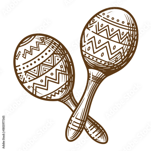 Hand drawn illustration of two crossed maracas with tribal patterns on a white background