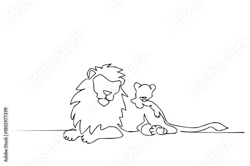 Adorable lion cub cuddling with its parent conveys heartwarming family love and gentle protection in a minimalist artistic style perfect for emotive storytelling.