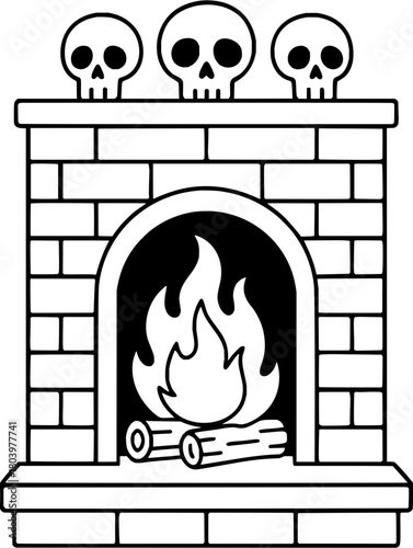 Spooky fireplace with burning logs and three skulls on the mantle creating a perfect Halloween or gothic scene