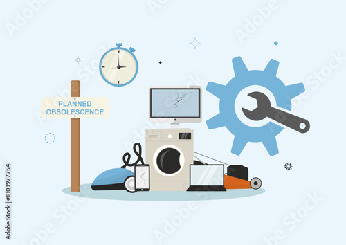 Planned Obsolescence with Broken Appliances. Obsolescence through broken home electronics, industrial gear, and clock, emphasizing limited product lifespan and repair challenges. Vector illustration