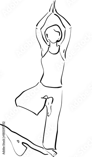 Elegant minimalist line art captures a serene yoga practitioner in tree pose, embodying balance, mindfulness, and healthy living.