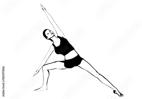 Graceful woman performing dynamic yoga pose, embodying strength, flexibility, and serene focus for wellness and fitness content.