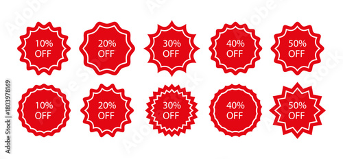 Set of circle tag product labels. Sale star burst price stickers. Discount promo boxes, stamps. Red splash badges. Starburst shapes isolated on white background. Vector illustration.