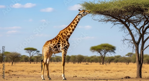 A tall giraffe gracefully reaches up to feed on the leaves of a tree in its natural habitat under a clear blue sky.