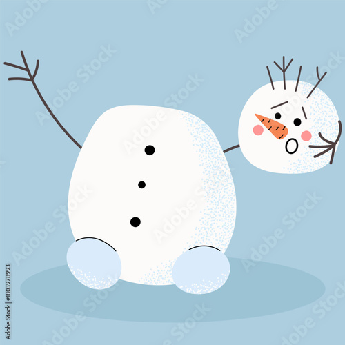 Cute funny snowman illustration with a detached head. Playful winter character in bright flat style, perfect for Christmas designs, kids projects and festive seasonal graphics.