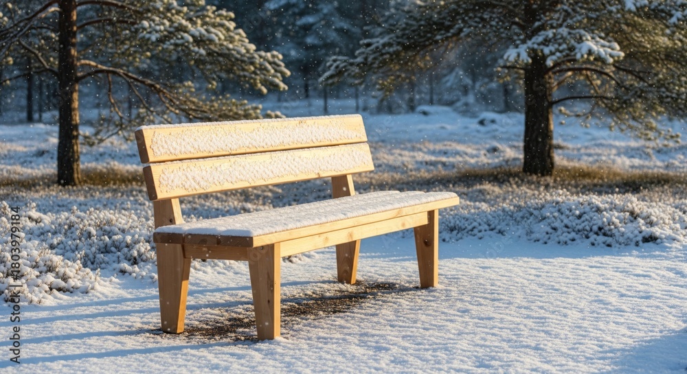 Naklejka premium A wooden bench sits in a snowy park, surrounded by trees and a serene winter landscape.