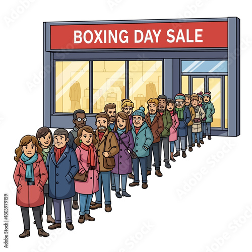 Illustration of a long queue of people waiting outside a store for a Boxing Day sale event