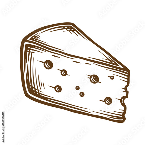 Hand drawn brown sketch of a wedge of cheese isolated on white background