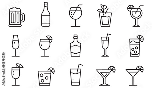 Drinkware and alcohol icons representing nightlife, leisure and festive celebration