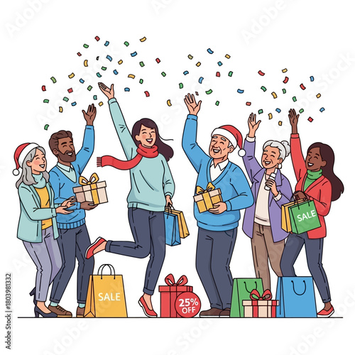 Joyful group of diverse individuals celebrating a successful shopping spree with gifts, sale bags, and colorful confetti falling around them, perfect for holiday season promotions