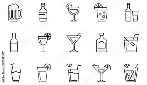 Alcoholic drink symbols including martini glass, liquor bottle and tropical cocktail