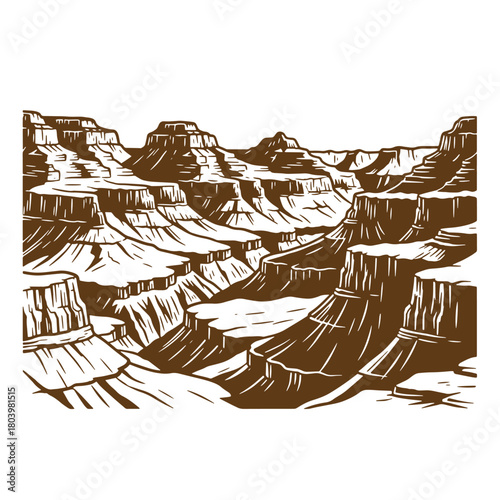 Illustrated sketch of the grand canyon showcasing brown and white vintage style landscape