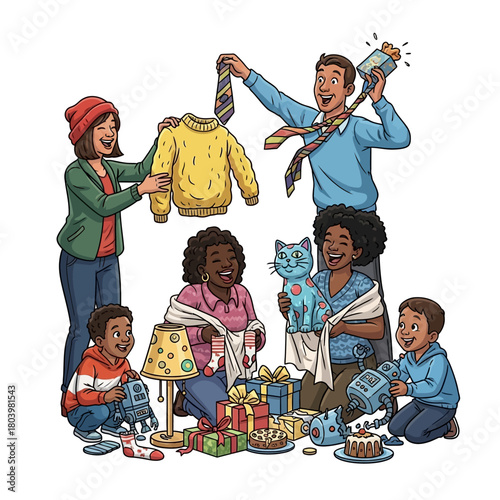 Joyful family and friends gather around to enthusiastically exchange and unwrap a variety of festive gifts during a heartwarming holiday celebration, sharing laughter and happiness together