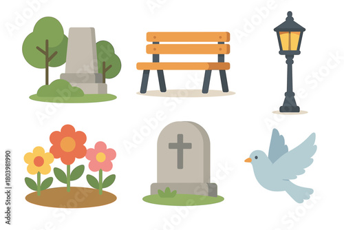 Memorial garden setting with flowers, benches, and decorative elements. Set of 6 vector illustration
