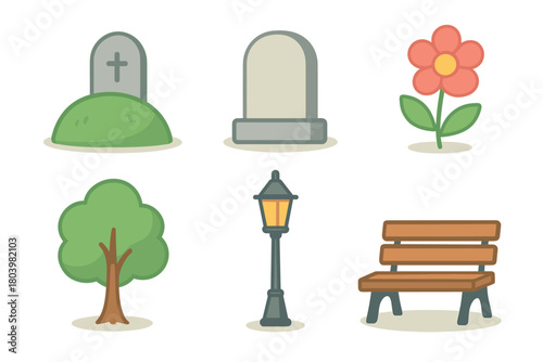 Tranquil garden with burial markers and natural beauty. Set of 6 vector illustration