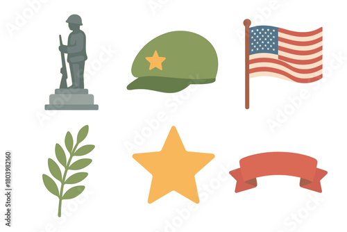Military memorial symbols representing honor and patriotism. Set of 6 vector illustration