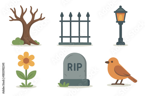 Spooky graveyard scene with tree, gate, and lantern for Halloween. Set of 6 vector illustration