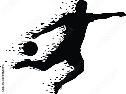 Dynamic Football Player Silhouette with Particle Dispersion Effect – Sports Action Illustration