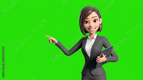 Animated Businesswoman Character Presenting on Green Screen Background.