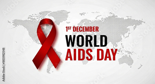 Symbolic Red Ribbon and World AIDS Day Text on a White Background