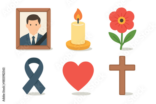 Celebration of life with remembrance symbols and heartfelt gestures. Set of 6 vector illustration