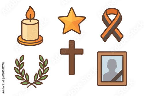 Symbols of remembrance and honor for memorial events and occasions. Set of 6 vector illustration