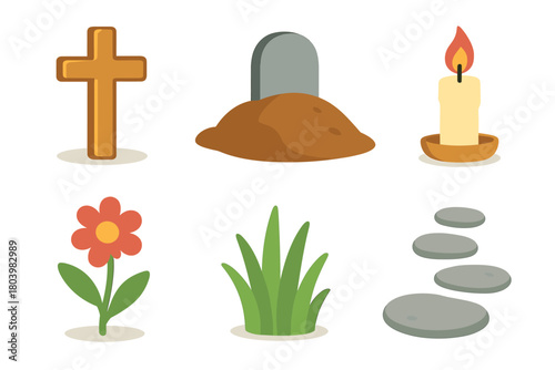 Memorial theme with cross, grave, candle, flower, and stones. Set of 6 vector illustration