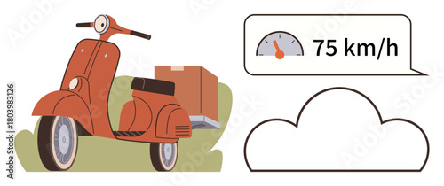 Retro scooter carrying a box, speedometer displaying 75 kmh, and a cloud element representing speed, delivery efficiency, travel. Ideal for logistics, shipping, technology, eco-transport