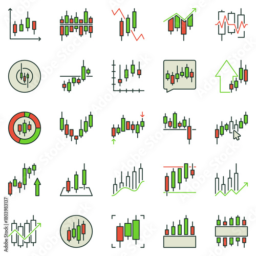Trading Candlestick Chart colored icons set. Technical Analysis or Investment Graph vector symbols