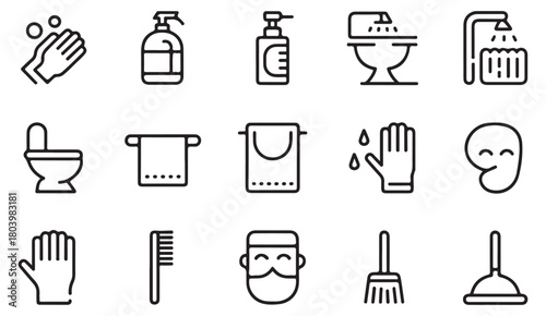 Sanitation and bathroom cleaning icon set showing plunger, towel rack and washing process