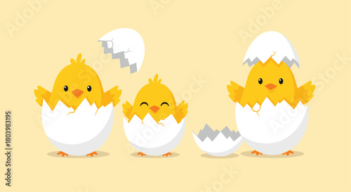Adorable cartoon chicks are hatching from eggs, representing new life, springtime, and easter celebrations in a cheerful illustration.