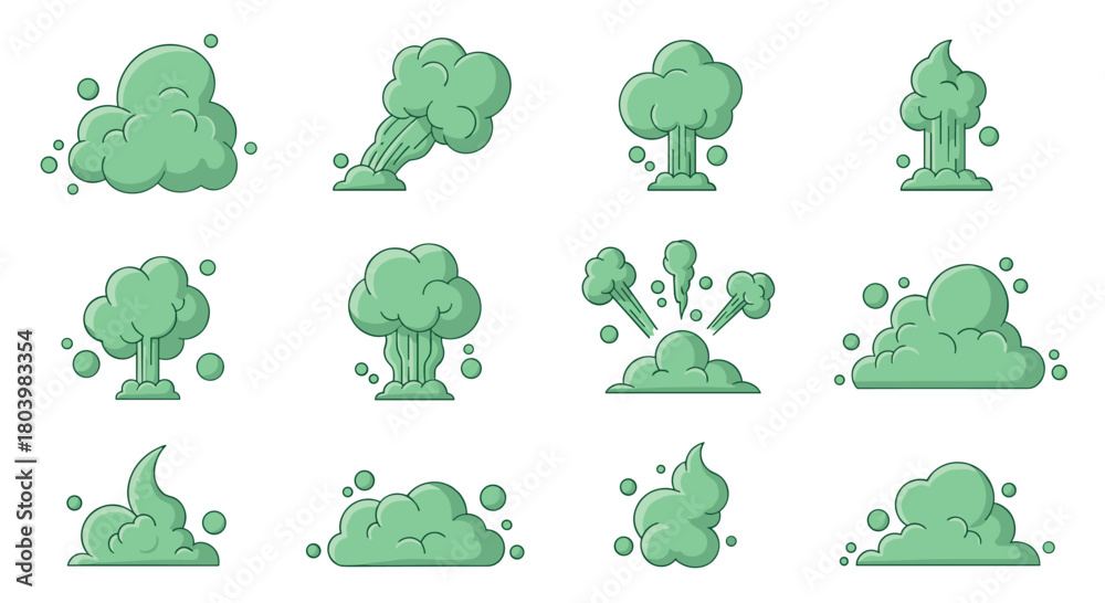 Obraz premium Collection of cartoon green smoke or gas cloud puffs and explosions in various shapes and sizes, isolated on a white background.