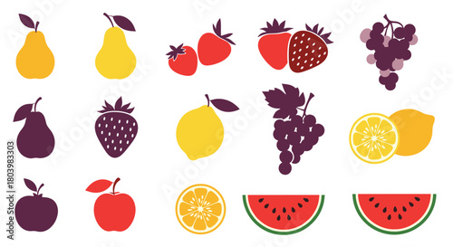 Colorful assortment of fresh fruits including pears, strawberries, grapes, lemons, apples, watermelon, and plums, presented in a flat vector style.
