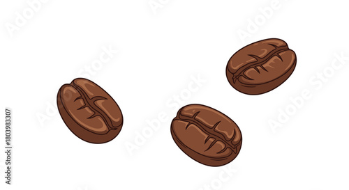 A scattering of three roasted coffee beans against a plain white background, showcasing their rich brown color and distinctive central crease, perfect for beverage or caffeine related themes.