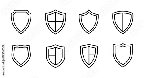 Collection of eight linear shield icons in varying designs, representing security, protection, defense, and safety concepts, presented on a white background.